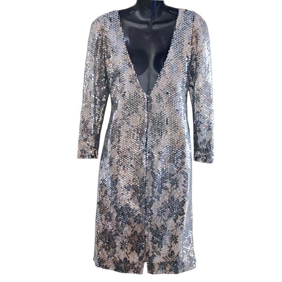 Vintage Plunge Back Mesh Lace Dress 8 Side Ruching Cocktail Formal Old Hollywood - Picture 4 of 9